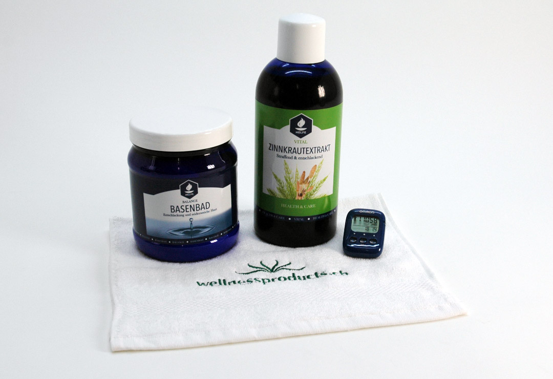 A helpful combination to do something good for your skin and body: Helfe alkaline bath and plant extract horsetail, Omron Walking Style 4 pedometer and a towel