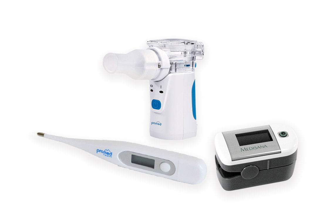 Set di inalatore Promed INH-2.1, termometro clinico Promed PFT3.7 e pulsossimetro Medisana PM100